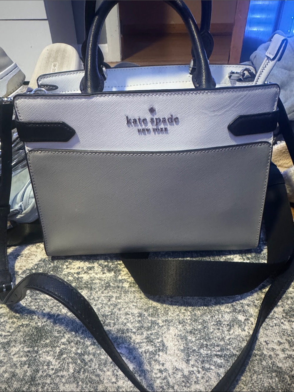 kate spade Two-Tone Gray, White & Black Leather Messenger Bag